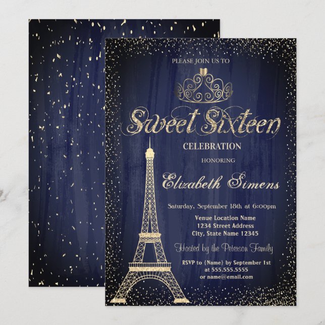 Stylish Gold Tiara Confetti Eiffel Towel  Sweet 16 Invitation (Front/Back)
