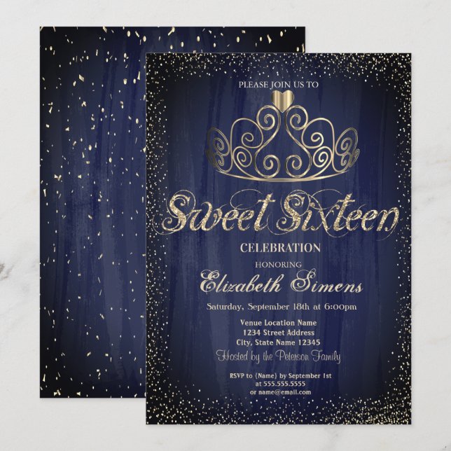 Stylish Gold Tiara Confetti Princess  Sweet 16 Invitation (Front/Back)