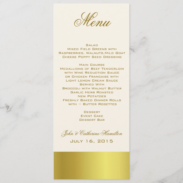 Stylish Gold Tone Skinny Wedding Table Menu (Front)
