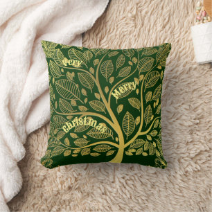 Stylish Gold Tree Of Life Foliage Merry Christmas  Throw Pillow