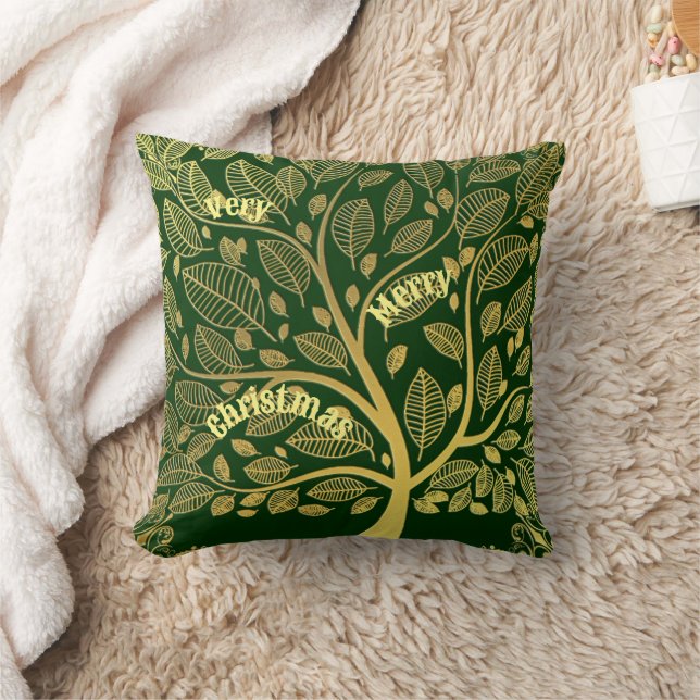 Stylish Gold Tree Of Life Foliage Merry Christmas  Throw Pillow (Blanket)