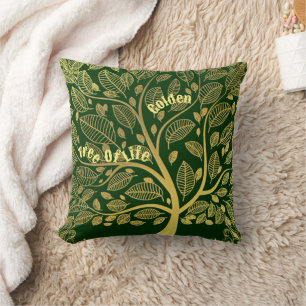 Stylish Gold Tree Of Life Green Foliage Greenery Throw Pillow