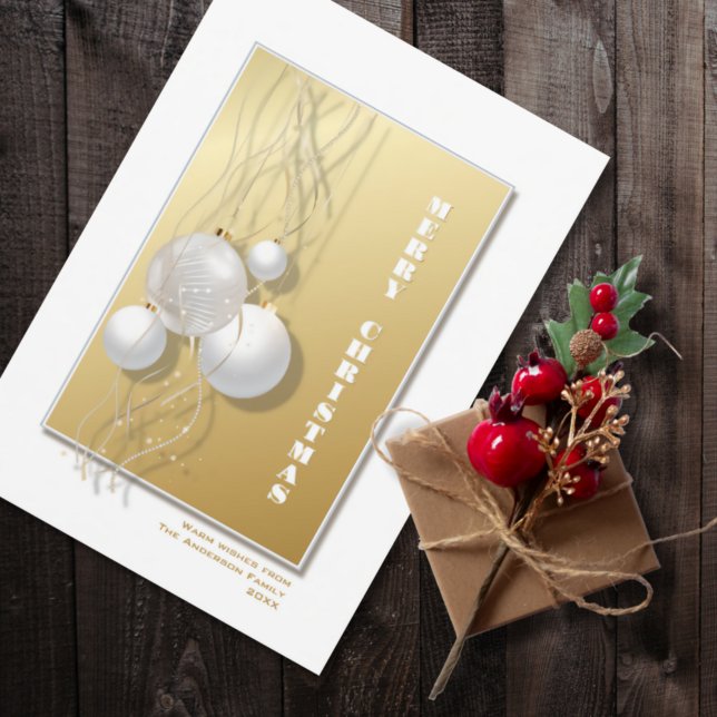 Stylish Gold White Baubles Christmas Holiday Card (Creator Uploaded)