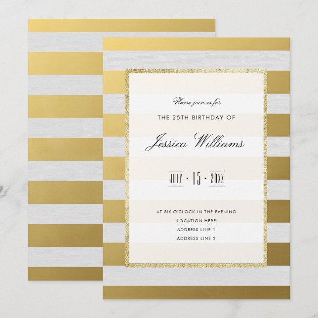 Stylish Gold & White Stripes 25th Birthday Party Invitation (Front/Back)