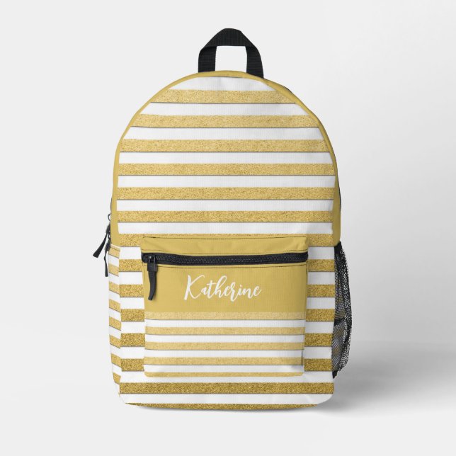 Stylish Gold White Stripes Personalized Printed Backpack (Front)