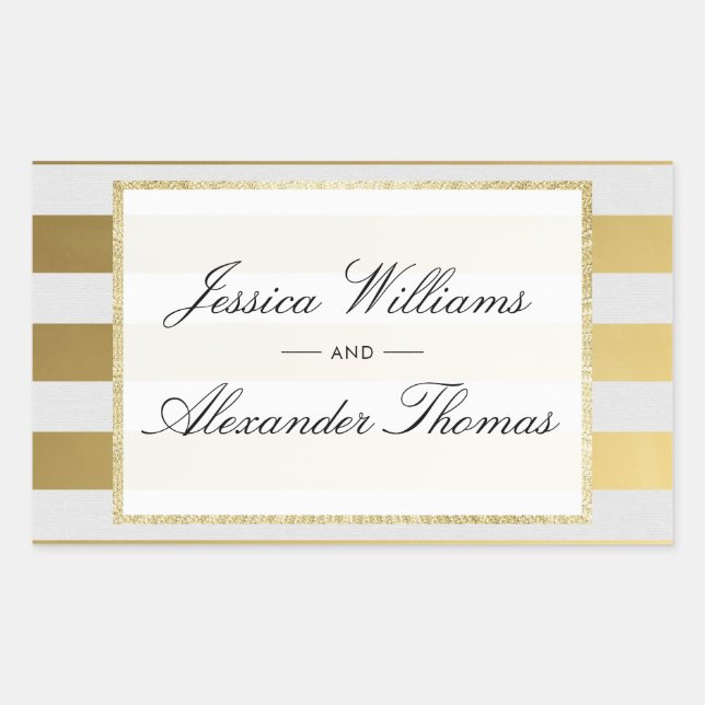 Stylish Gold & White Stripes Wedding Sticker (Front)