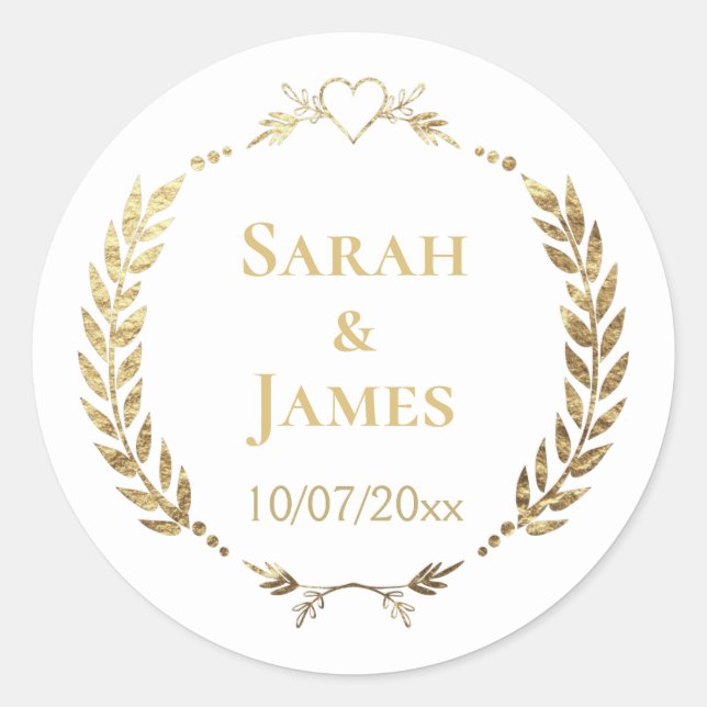 Stylish Gold Wreath w/ Heart Personalized Wedding Classic Round Sticker (Front)