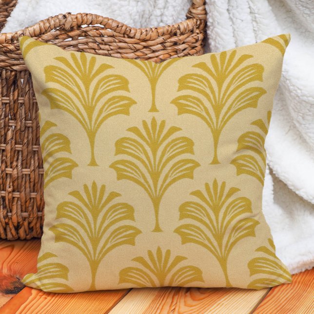 Stylish Gold Yellow Art Deco Fan Motif  Throw Pillow (Gold/yellow Art Deco  leaf motif decorator pillow)