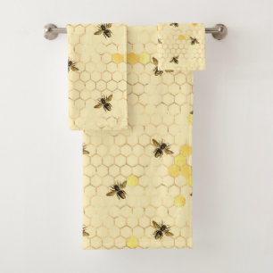 Stylish Gold Yellow Bees Honeycomb Bath Towel Set