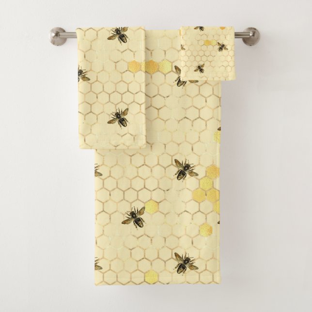 Stylish Gold Yellow Bees Honeycomb Bath Towel Set (Insitu)