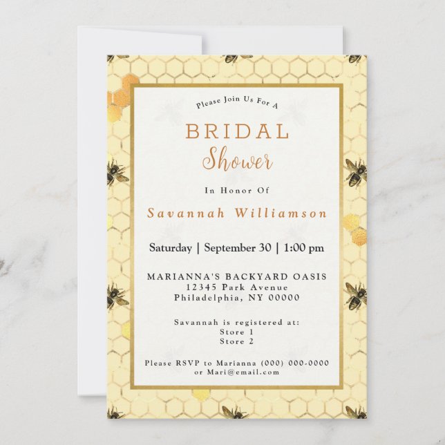 Stylish Gold Yellow Bees Honeycomb Bridal Shower Invitation (Front)