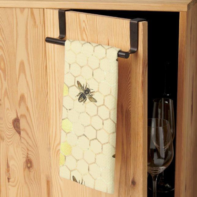 Stylish Gold Yellow Bees Honeycomb Kitchen Towel (Thirds Fold)