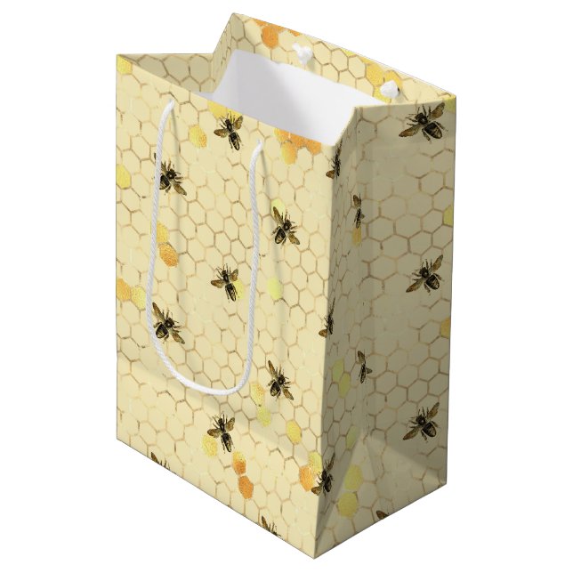 Stylish Gold Yellow Bees Honeycomb Medium Gift Bag (Front Angled)