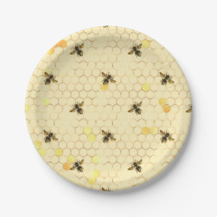 Stylish Gold Yellow Bees Honeycomb Paper Plate