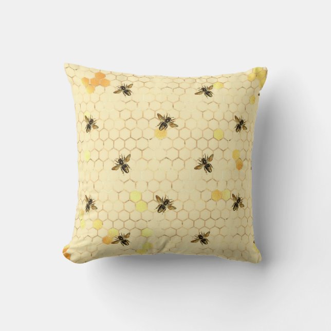 Stylish Gold Yellow Bees Honeycomb Throw Pillow (Front)