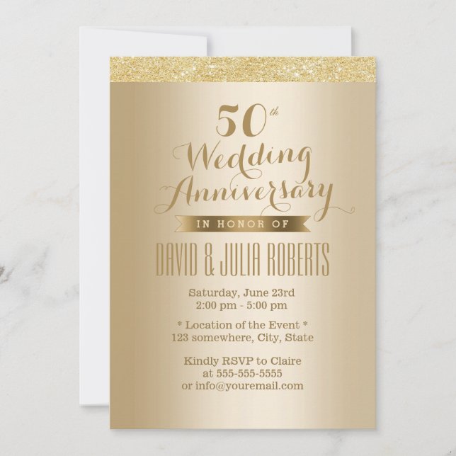 Stylish Golden 50th Wedding Anniversary Invitation (Front)