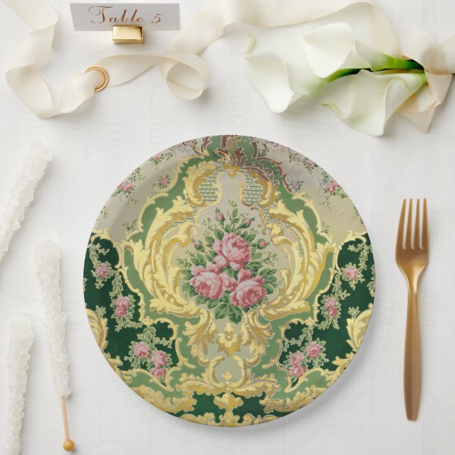 Stylish Golden Baroque Rococo Pink Roses Wedding Paper Plate (Wedding)