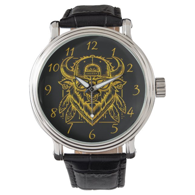 Stylish Golden Bison With Sunglasses and Hat Watch (Front)