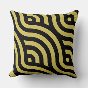 Stylish Golden-Brown & Black Striped Wave Pattern Throw Pillow