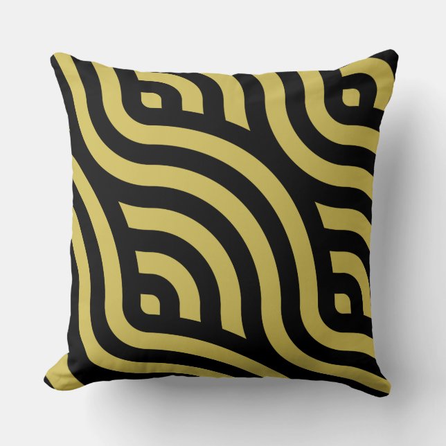 Stylish Golden-Brown & Black Striped Wave Pattern Throw Pillow (Front)