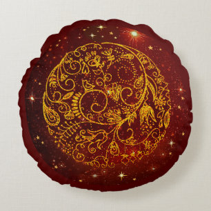 Stylish Golden-Red Ornamental Round Pillow