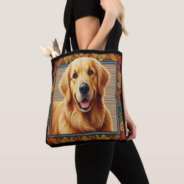 Stylish Golden Retriever Dog Colourful Frame Tote Bag (Close Up)