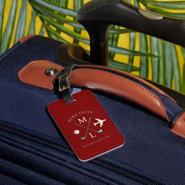 Stylish Golfer Club Monogram dark-red  Luggage Tag (Front Insitu 1)