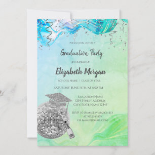 Stylish Grad Cap,Disco Ball,Wine Green Abstract Invitation