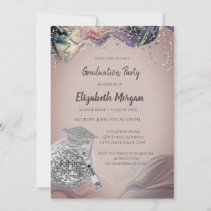 Stylish Grad Cap,Disco Ball,Wine Violet Abstract Invitation