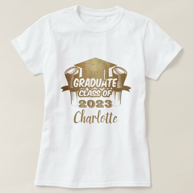 Stylish Graduate Class of 2023 Gold Name T-Shirt (Design Front)