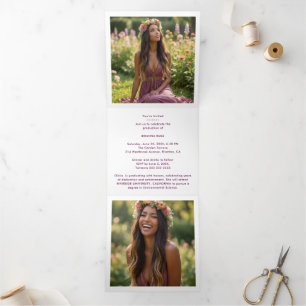 Stylish Graduation Cap Plum Tones & Gold Tri-Fold Announcement