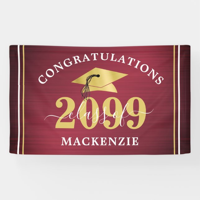 Stylish Graduation Class Year Metallic Maroon Gold Banner (Horizontal)