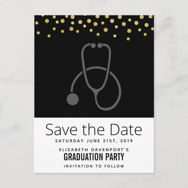 Stylish Graduation Party Stethoscope Save the Date Postcard (Front)