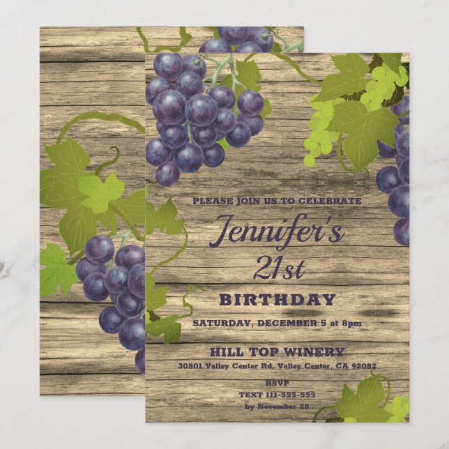 Stylish Grape Vines 21st Birthday Invitation (Front/Back)