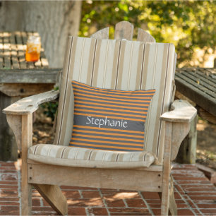 Stylish Gray Orange Stripes White Custom Name Outdoor Pillow