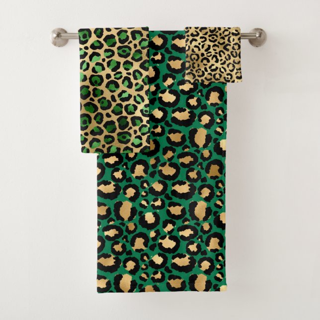 Stylish Green and Gold Foil Leopard Spots Bath Towel Set (Insitu)