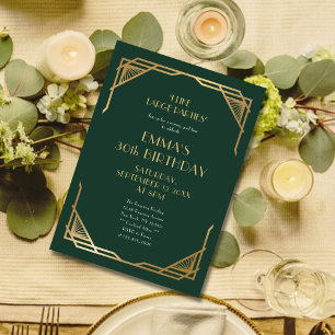 Stylish Green and Gold Gatsby 30th Birthday Party Invitation