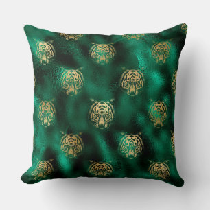 Stylish Green and Gold Wild Tiger Face Safari Throw Pillow