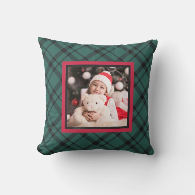 Stylish Green and Red Christmas Plaid with Photo Throw Pillow (Front)