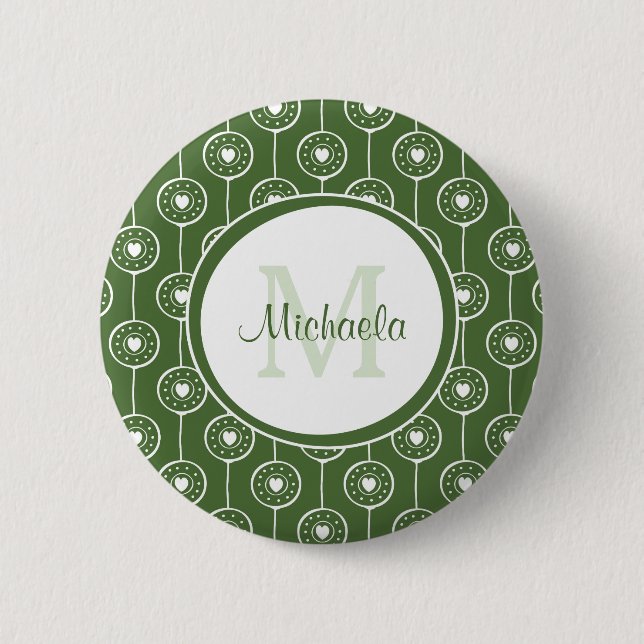 Stylish Green and White Hearts Monogram With Name 2 Inch Round Button (Front)