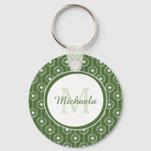 Stylish Green and White Hearts Monogram With Name Keychain