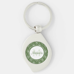 Stylish Green and White Hearts Monogram With Name Keychain