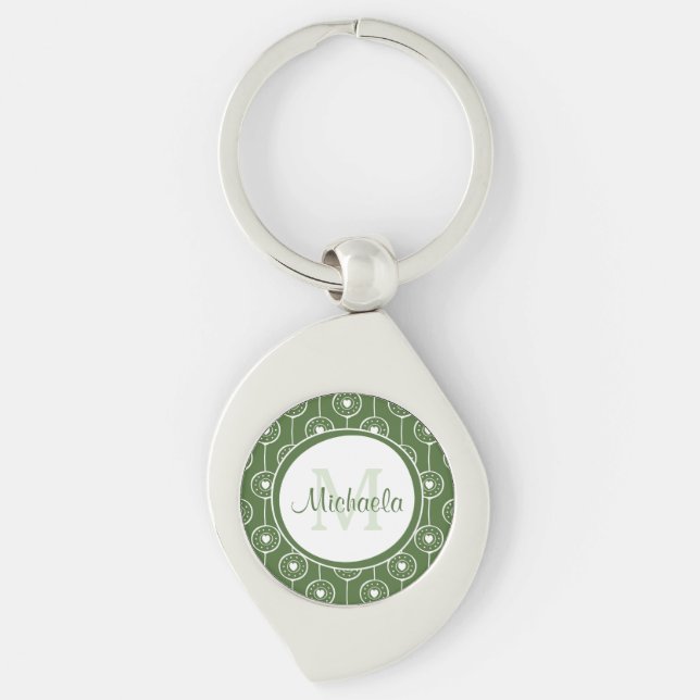 Stylish Green and White Hearts Monogram With Name Keychain (Front)