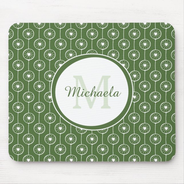 Stylish Green and White Hearts Monogram With Name Mouse Pad (Front)