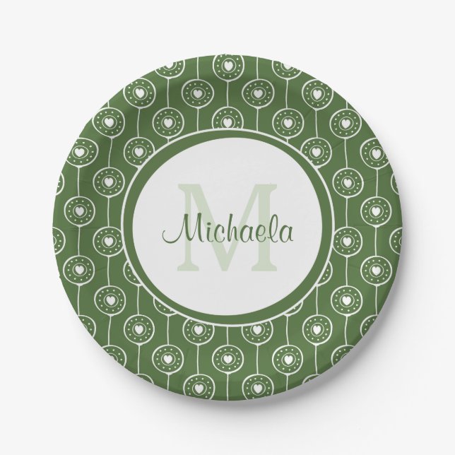 Stylish Green and White Hearts Monogram With Name Paper Plate (Front)