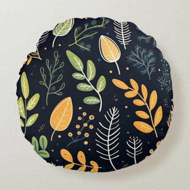 Stylish Green and Yellow Foliage Pattern  Round Pillow (Front)