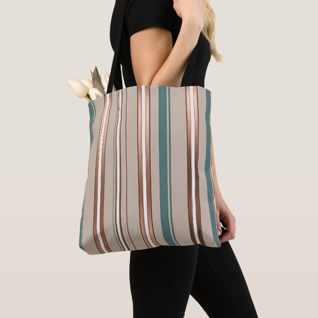 Stylish green beige and copper striped  tote bag (Close Up)