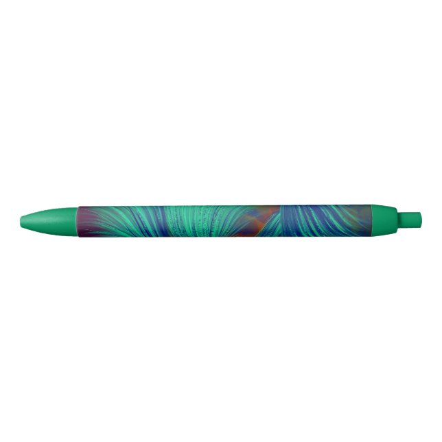 Stylish Green Blue Abstract Feathers Black Ink Pen (Front)