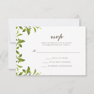 Stylish Green Botanical Leaves Wedding RSVP Card