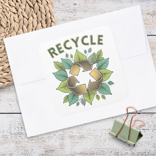 Stylish Green & Faux Gold Recycle Symbol Leaves Square Sticker